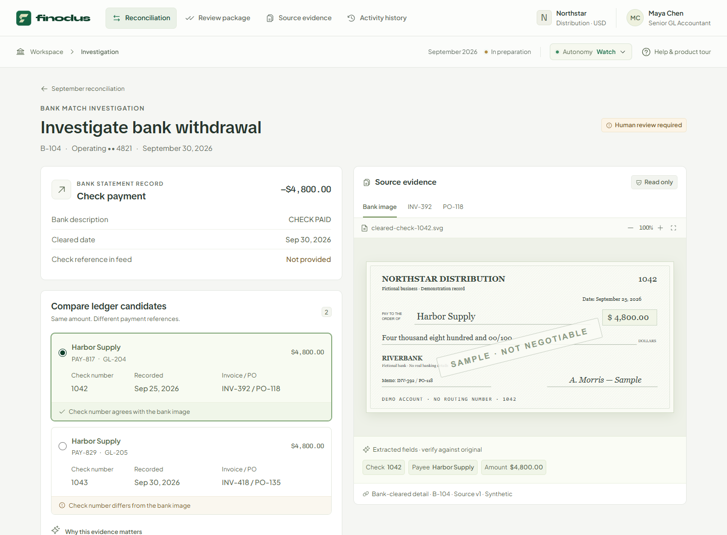 Working investigation: two payment candidates beside the original bank image identifying check 1042.