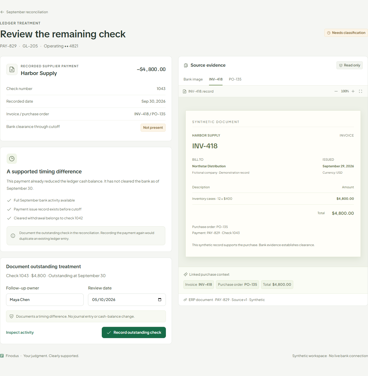 Outstanding-check investigation showing the existing payment, cutoff evidence, follow-up owner and date, and a timing treatment that creates no journal entry.