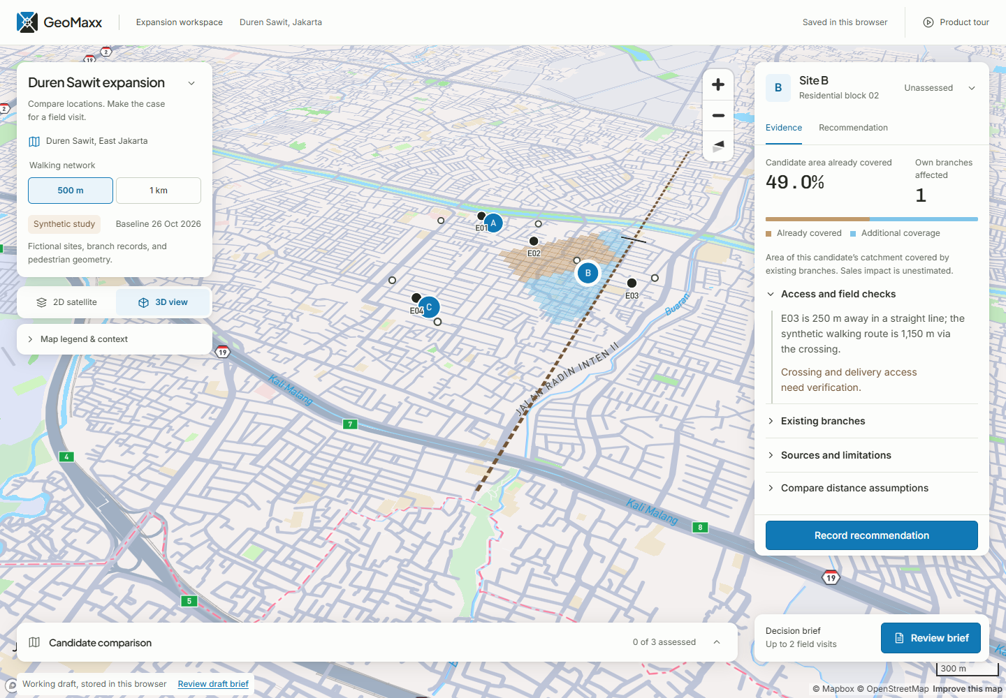 Site B selected with the modeled barrier, catchment, and expanded access explanation.