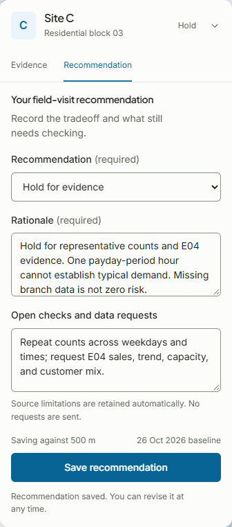 Saved hold recommendation with rationale and open checks.