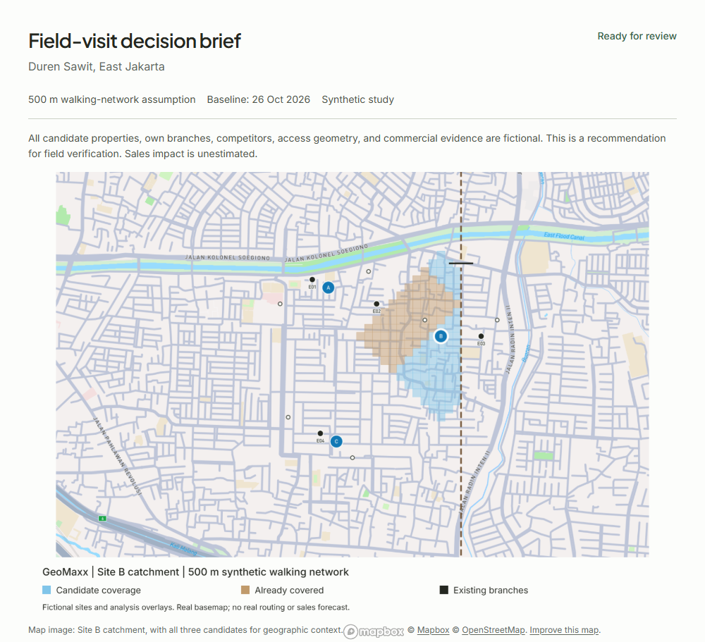 Completed decision brief with ready-for-review status, synthetic-study disclosure, and a captured map.