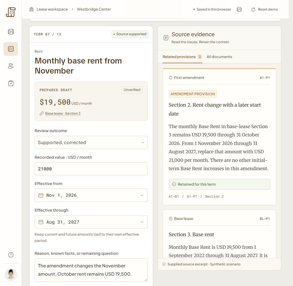 At 1024 pixels, the decision editor and source clause remain adjacent with the term queue above.